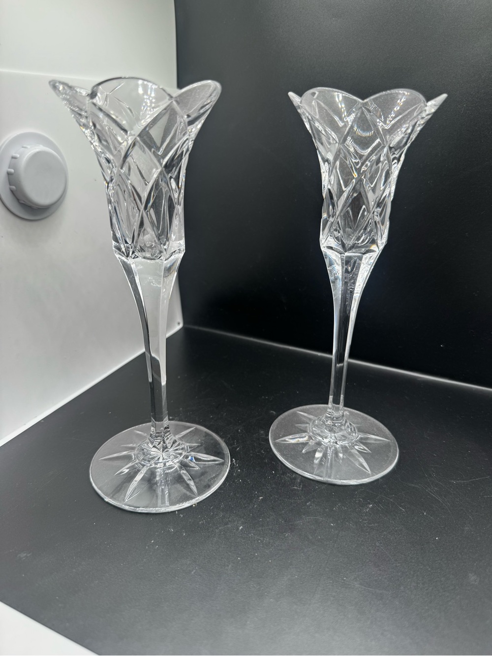 2 Crystal Single Candleholders, Cut Criss-Cross Design, Rounded Edge: Jubilee by